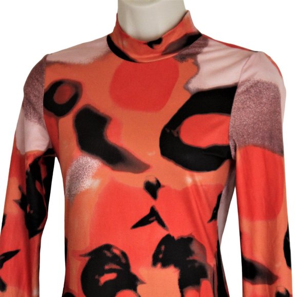 SHEIN SXY Long Bodycon Stretch Dress XS Abstract Halloween Orange Graphic Print - Picture 6 of 9